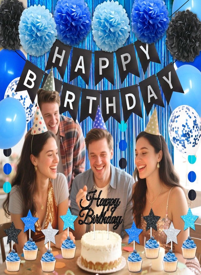 FINDRICH Blue Birthday Decorations for Men, 50PCS Happy Birthday Decorations with Banner Balloons Sash Foil Fringe Curtain Paper Pompoms, Blue and Black Party Decorations Party Supplies for Boys Kids - Image 2